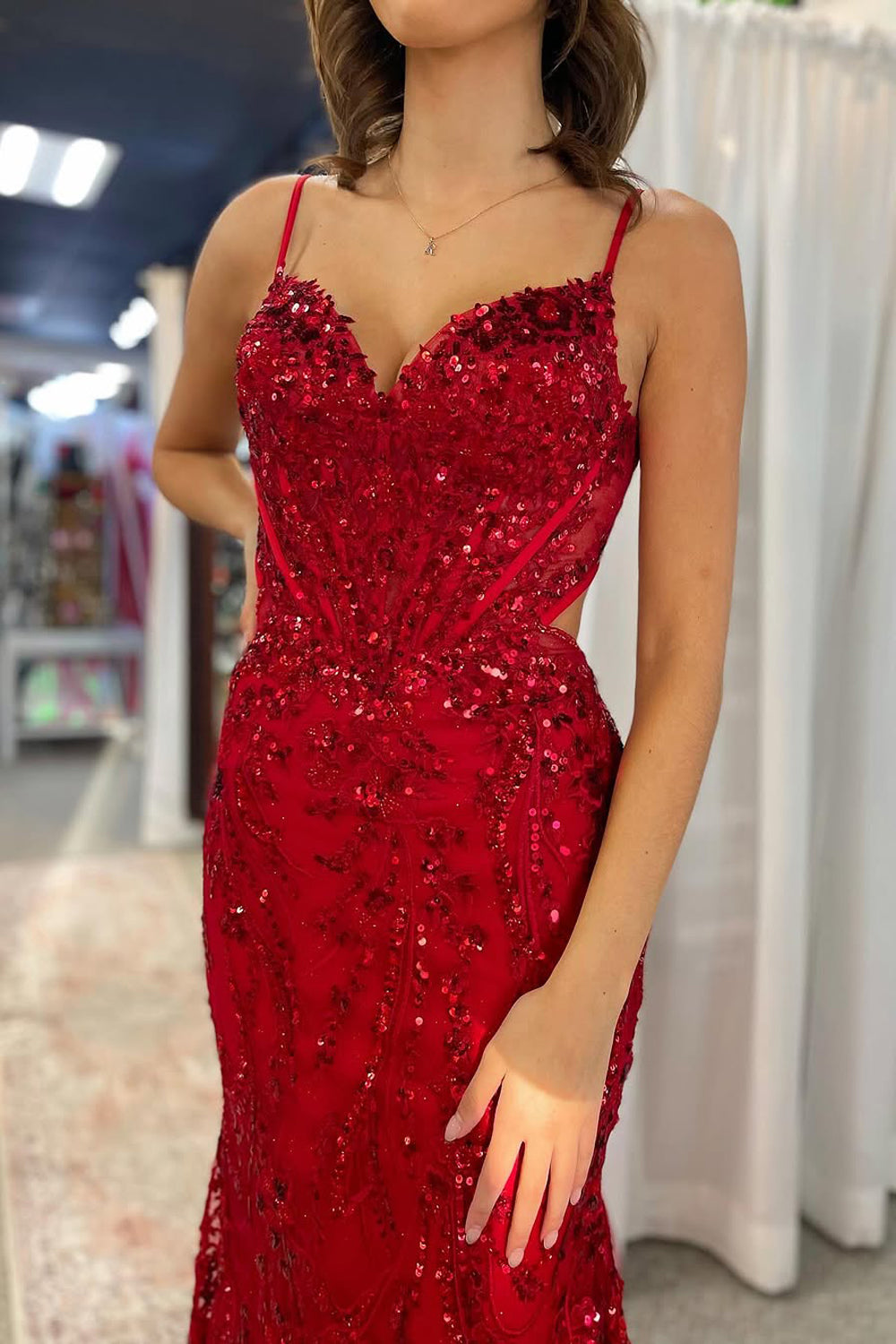 Stunging Mermaid V Neck Red Sequins Lace Prom Dress Gown LF1195