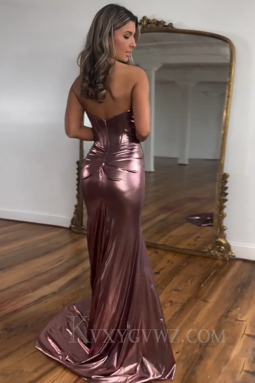 Mermaid Metallic Dark Purple Strapless Long Prom Dress With Slit LF061