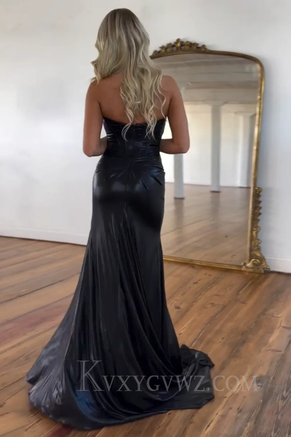 Mermaid Metallic Dark Purple Strapless Long Prom Dress With Slit LF061