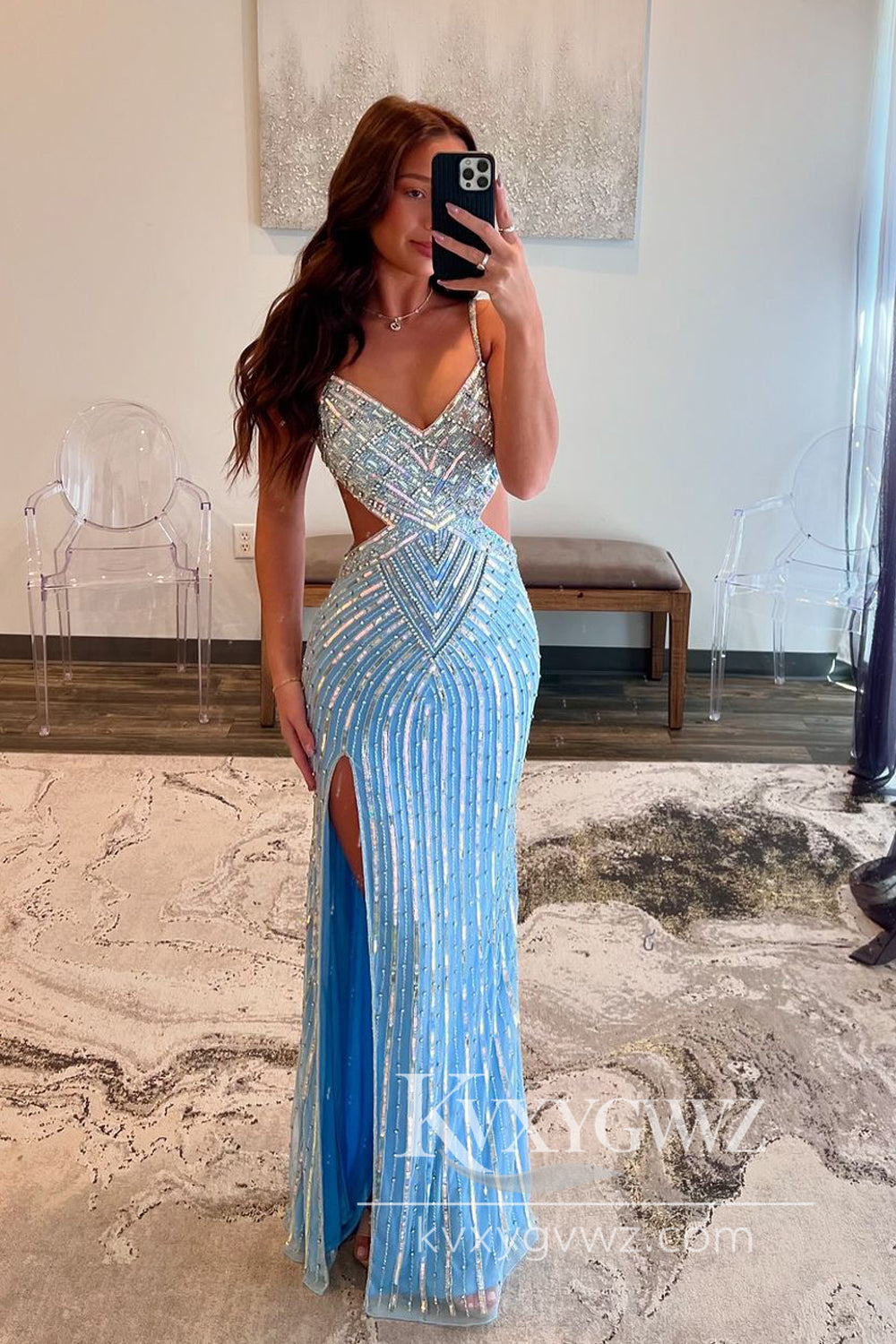 Charming Mermaid Evening Gown V Neck Light Blue Beaded Slit Prom Dress LF612