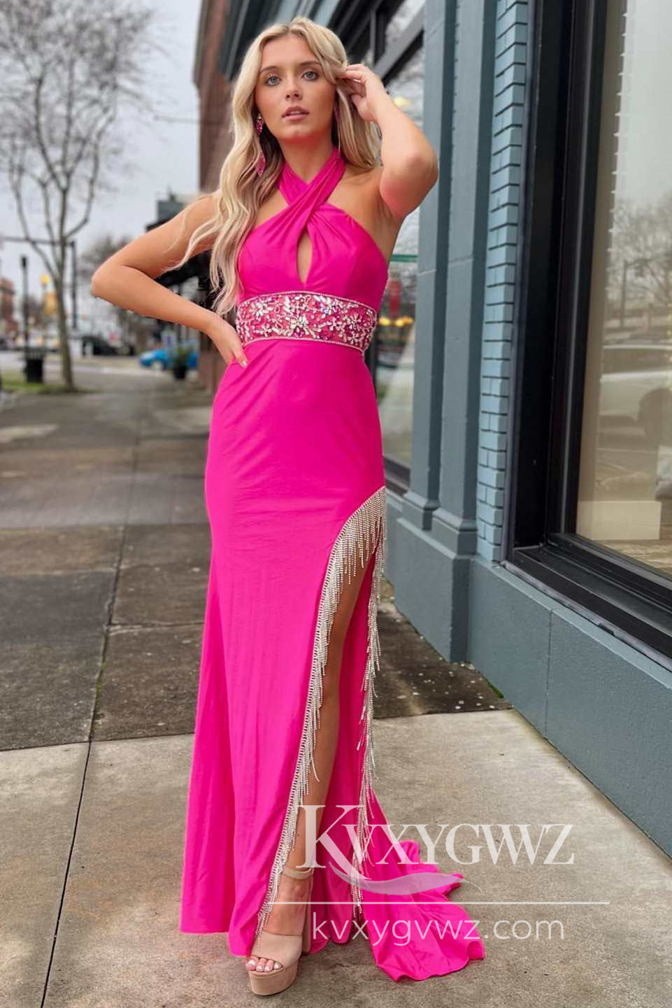 Stunning Mermaid Evening Gown Cross-Front Neck Fuchsia Satin Long Prom Dress with Beading LF614