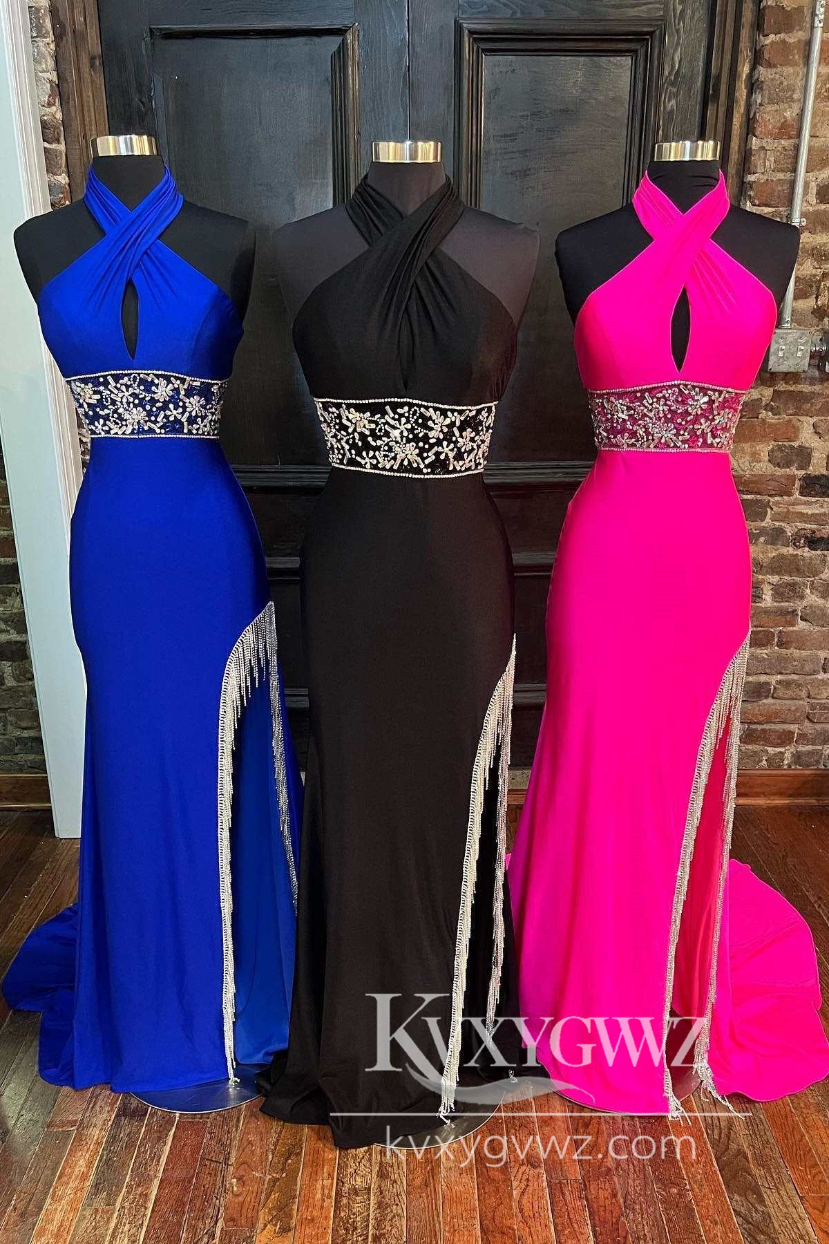 Stunning Mermaid Evening Gown Cross-Front Neck Fuchsia Satin Long Prom Dress with Beading LF614