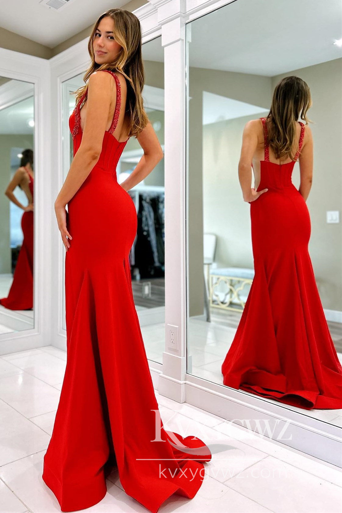 Charming Mermaid Evening Gown Red Satin Beaded Prom Dress with Split LF615
