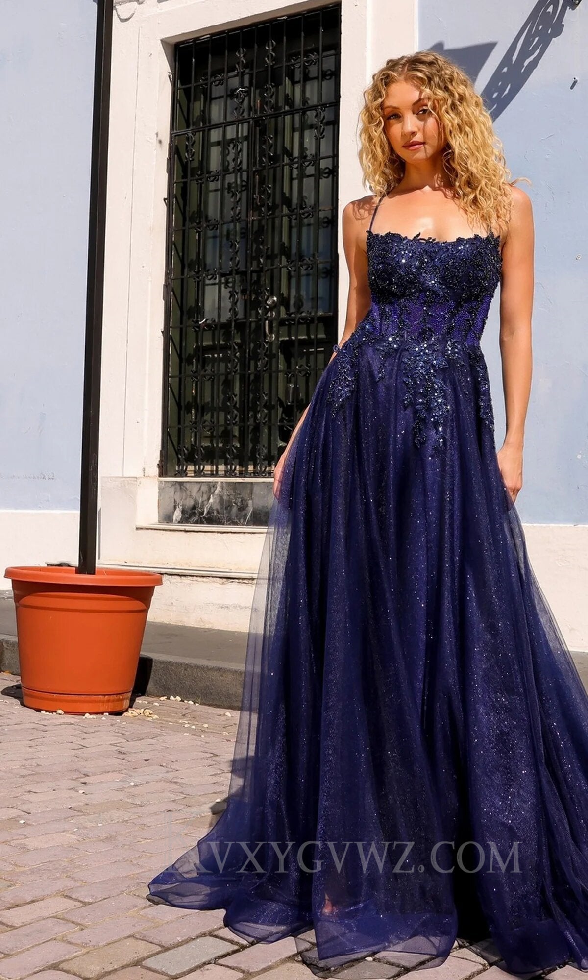 Peacock Green A Line Appliqued Tulle Long Prom Dress with Slit LF062