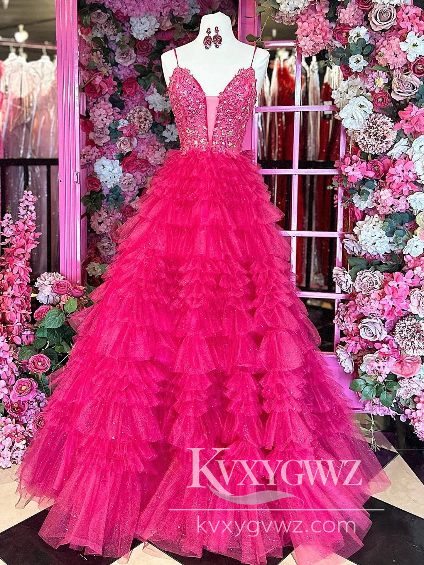 Stunning A Line V Neck Evening Gown Fuchsia Tiered Ruffles Tulle Long Prom Dress with Appliques LF624
