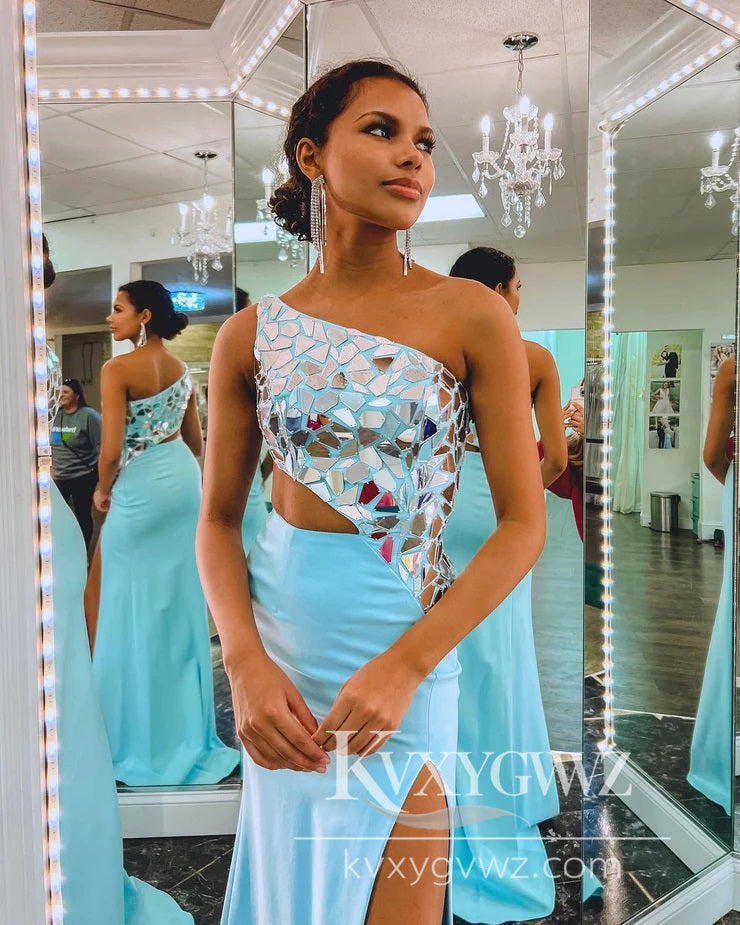 Charming Mermaid Evening Gown One Shoulder Beaded Slit Prom Dress LF625