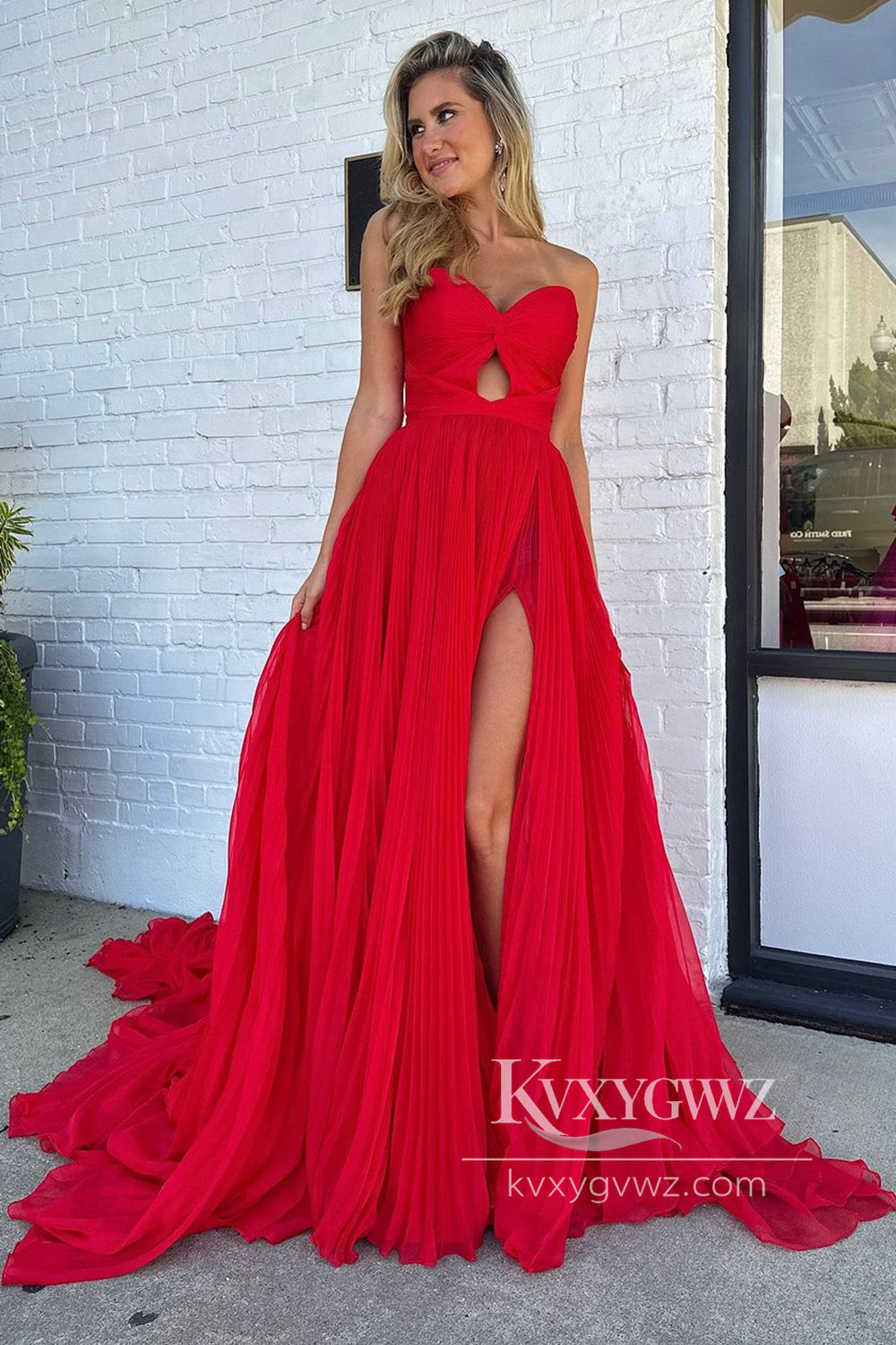 Charming A Line Sweetheart Evening Gown Pleat Chiffon Long Prom Dress with Slit LF634