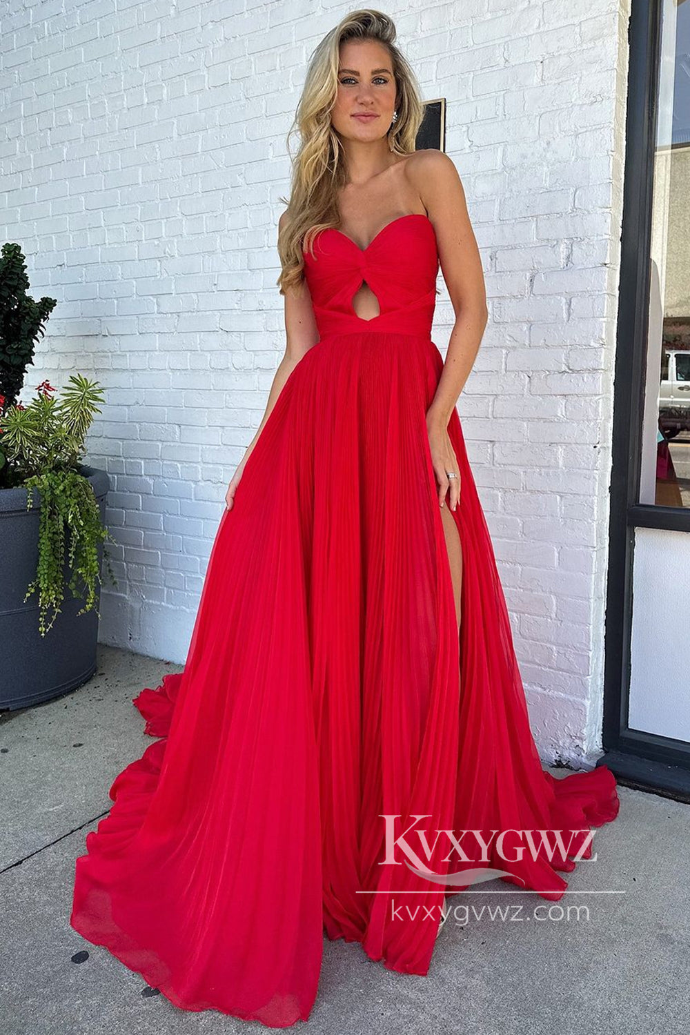 Charming A Line Sweetheart Evening Gown Pleat Chiffon Long Prom Dress with Slit LF634