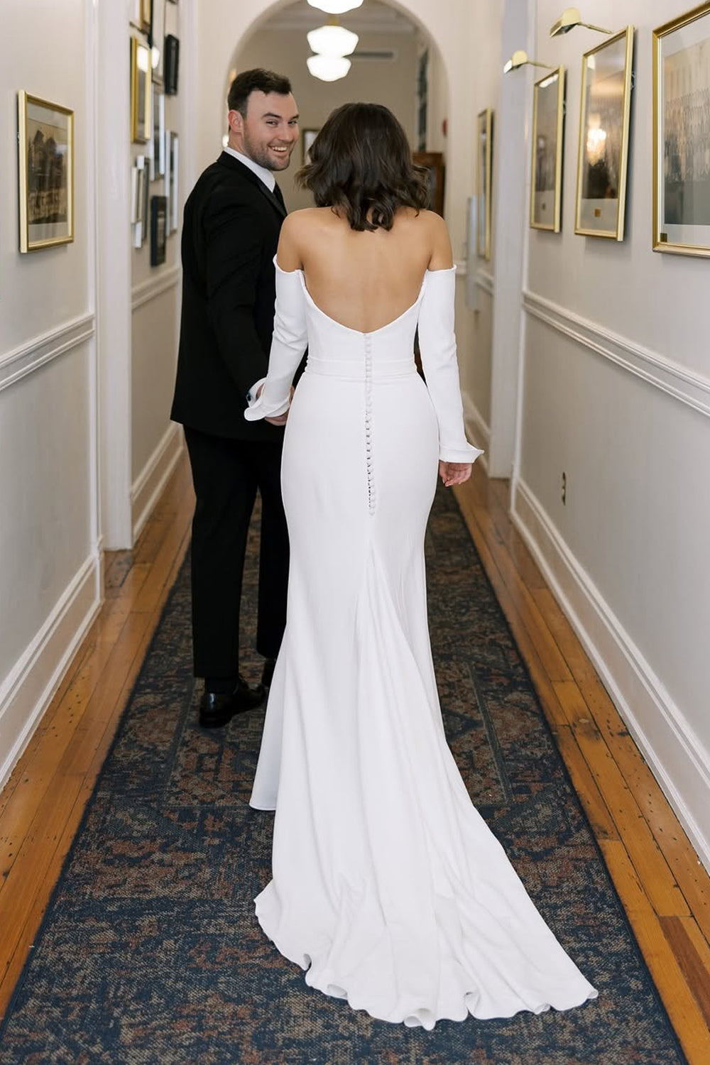 Chic Mermaid Off the Shoulder Elastic Satin Long Wedding Dresses Gown with Long Sleeves HS878