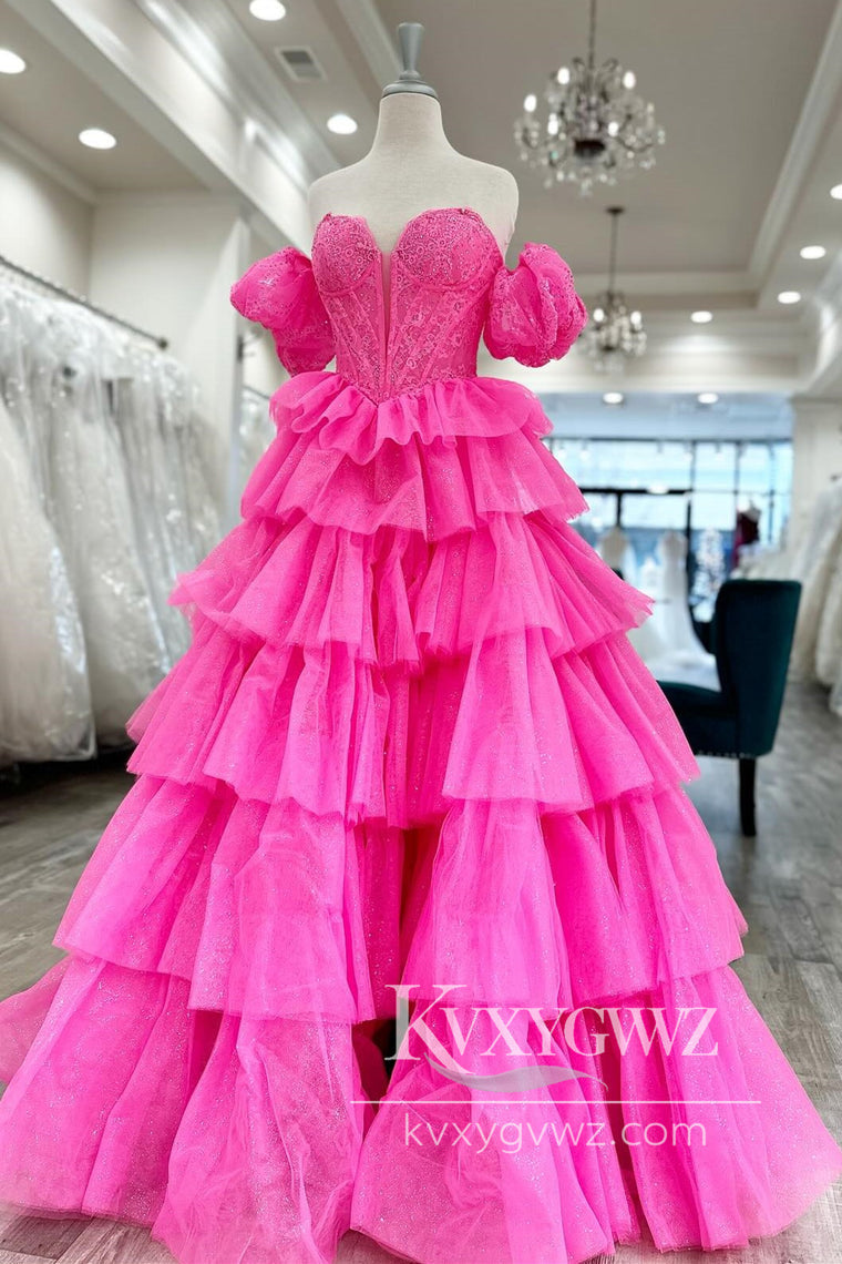 Dazzling Ball Gown Sweetheart Hot Pink Evening Gown Tiered Organza Prom Dress LF642