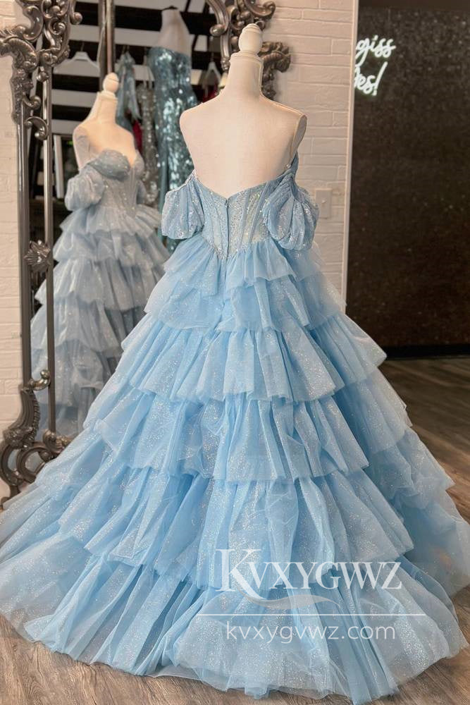 Dazzling Ball Gown Sweetheart Hot Pink Evening Gown Tiered Organza Prom Dress LF642
