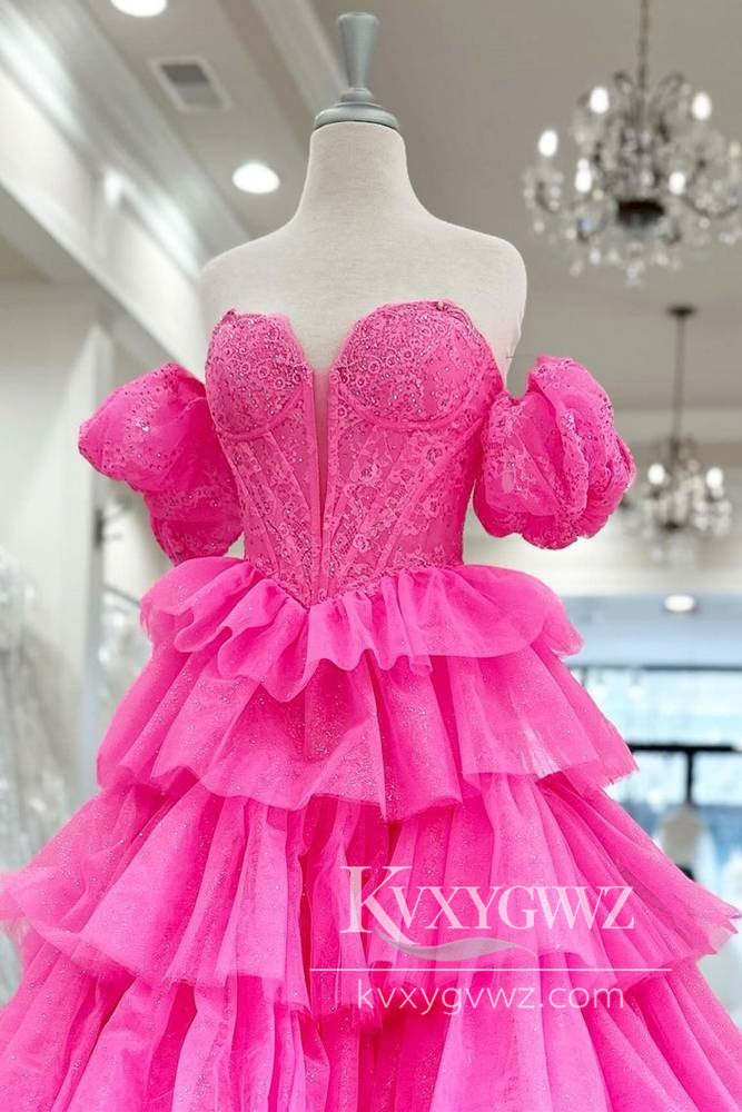 Dazzling Ball Gown Sweetheart Hot Pink Evening Gown Tiered Organza Prom Dress LF642