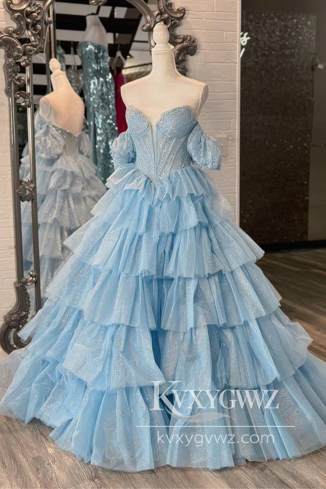 Dazzling Ball Gown Sweetheart Hot Pink Evening Gown Tiered Organza Prom Dress LF642