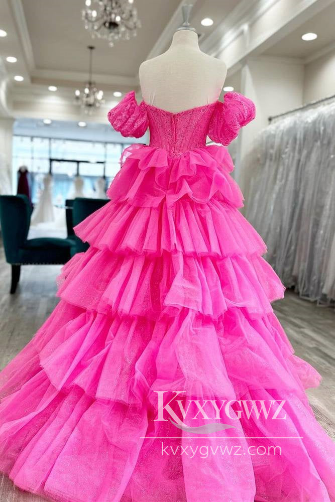 Dazzling Ball Gown Sweetheart Hot Pink Evening Gown Tiered Organza Prom Dress LF642