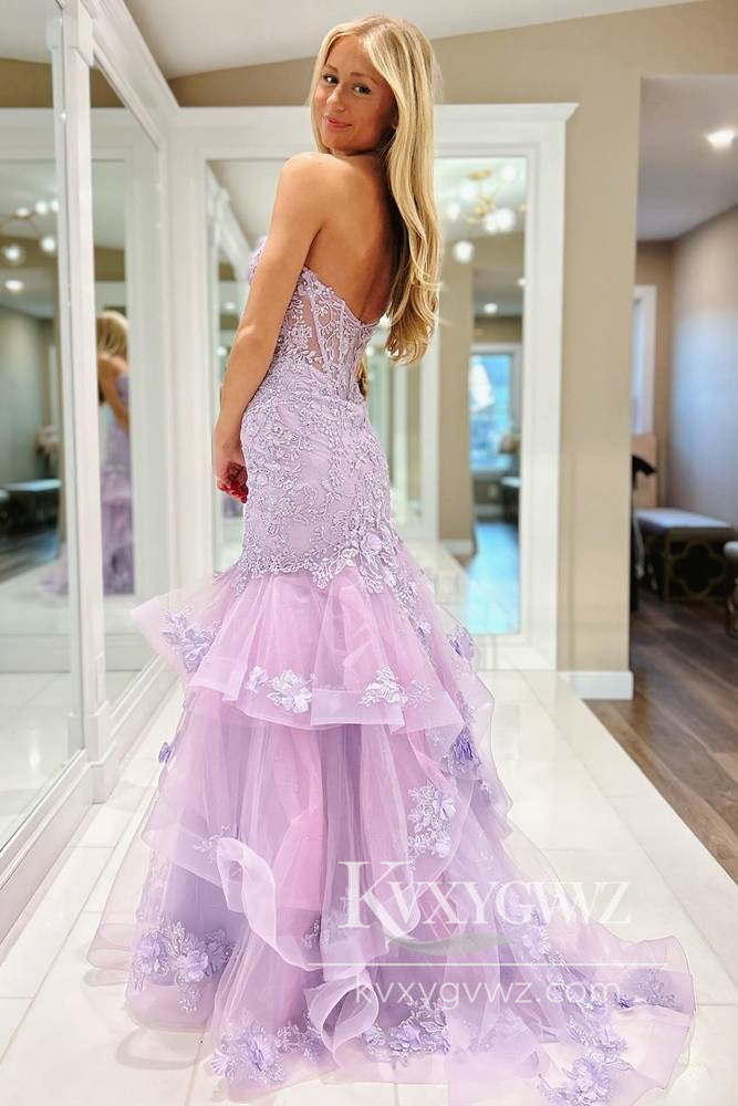 Dazzling Mermaid Evening Gown Lavender Lace Applique Prom Dress LF643