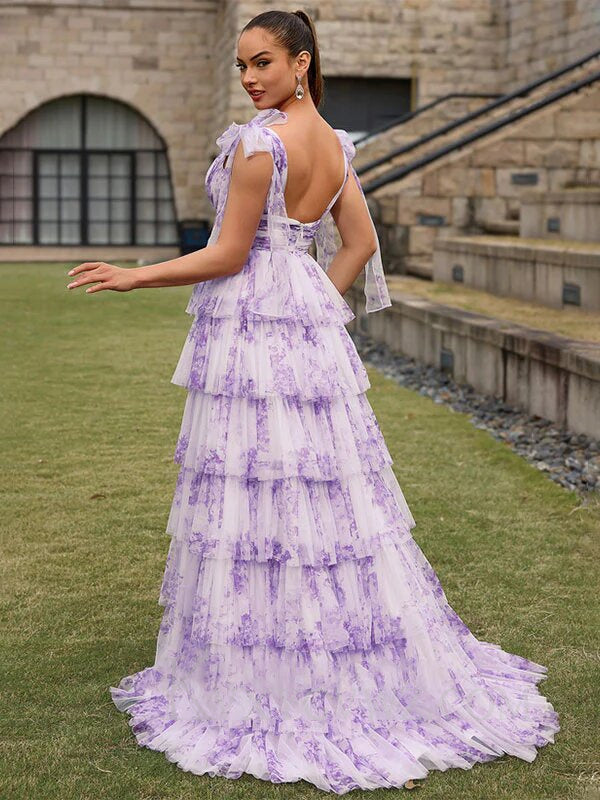 Lilac A Line V Neck Adjustable Straps Long Tiered Prom Dress LF065