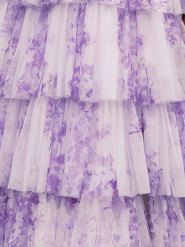 Lilac A Line V Neck Adjustable Straps Long Tiered Prom Dress LF065