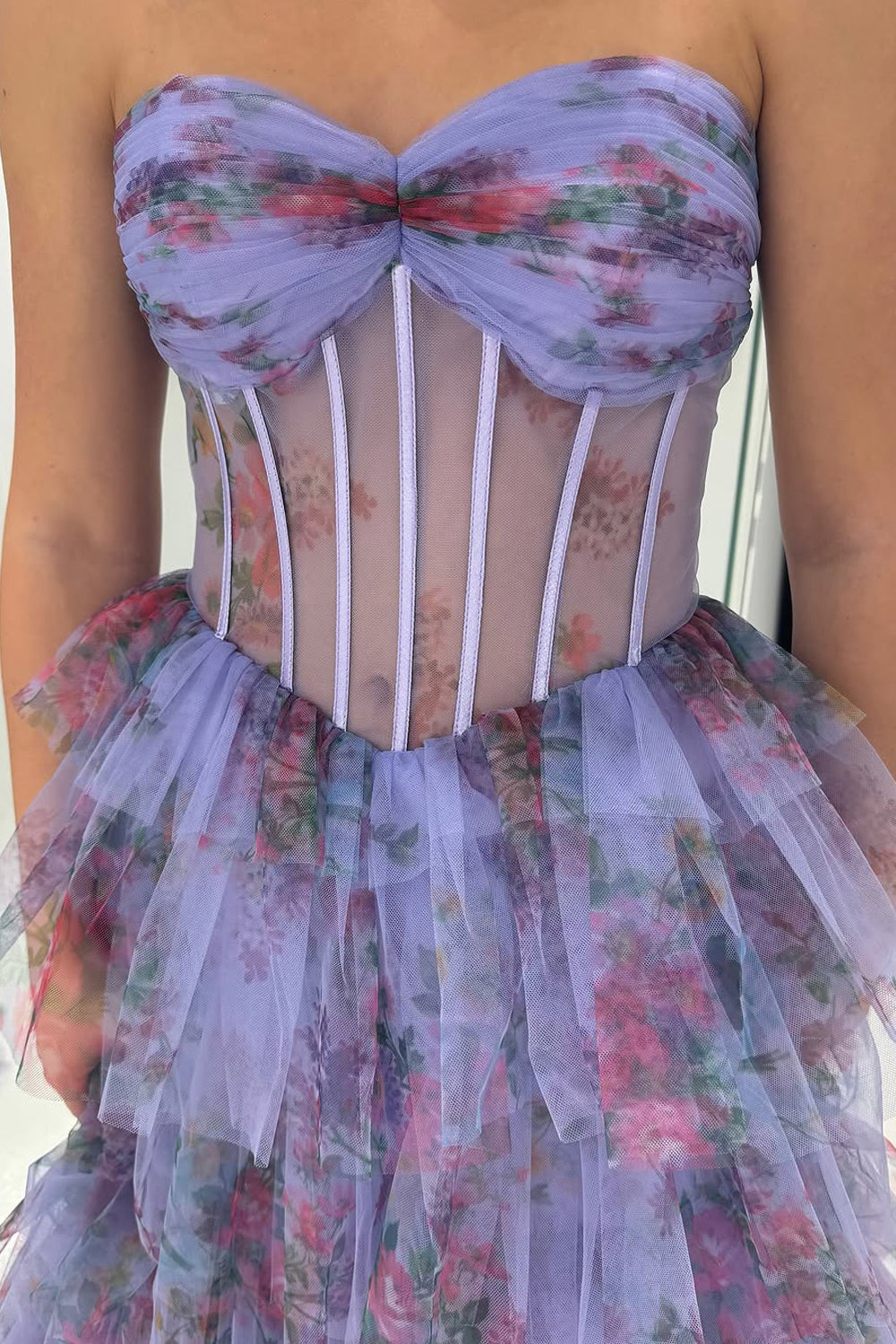 A-Line Sweetheart Floral Printed Ruffle Tiered Long Prom Dress Gown with Slit LF1225
