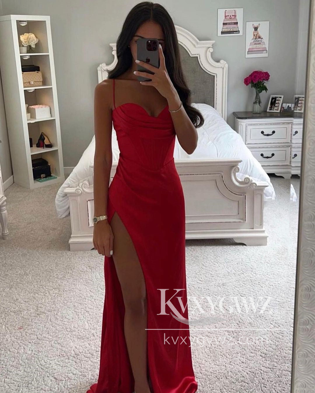Stunning Mermaid Sweetheart Evening Gown Spaghetti Strap Red Satin Slit Prom Dress LF652
