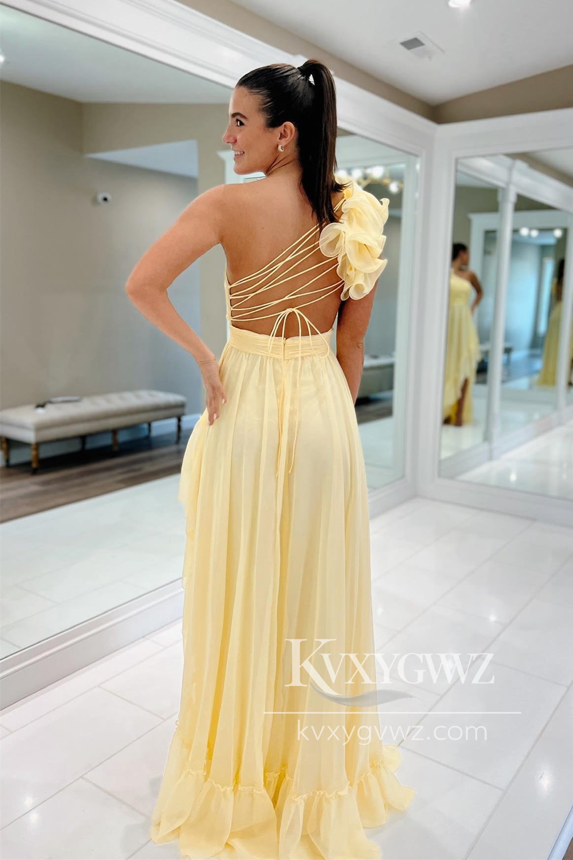 Light Yellow A-line One Shoulder Evening Gown Lace-Up Pleated Ruffles High-Low Prom Dress LF654