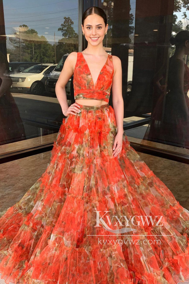 Fashion A Line Two Piece V-Neck Evening Gown Floral Printed Tulle Long Prom Dress LF655