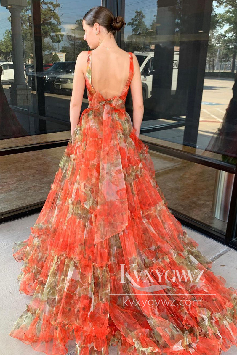 Fashion A Line Two Piece V-Neck Evening Gown Floral Printed Tulle Long Prom Dress LF655