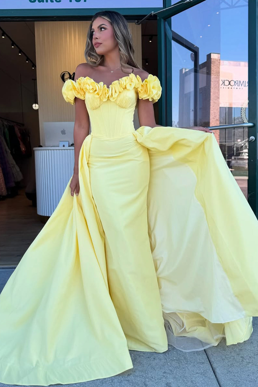 Mermaid Off the Shoulder Yellow Satin Long Prom Dress Gown LF1349