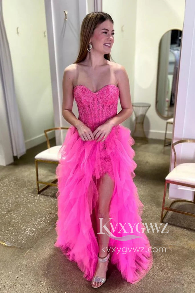 Stunning Sheath Evening Gown Sweetheart Hot Pink Lace Long Prom Dress LF659