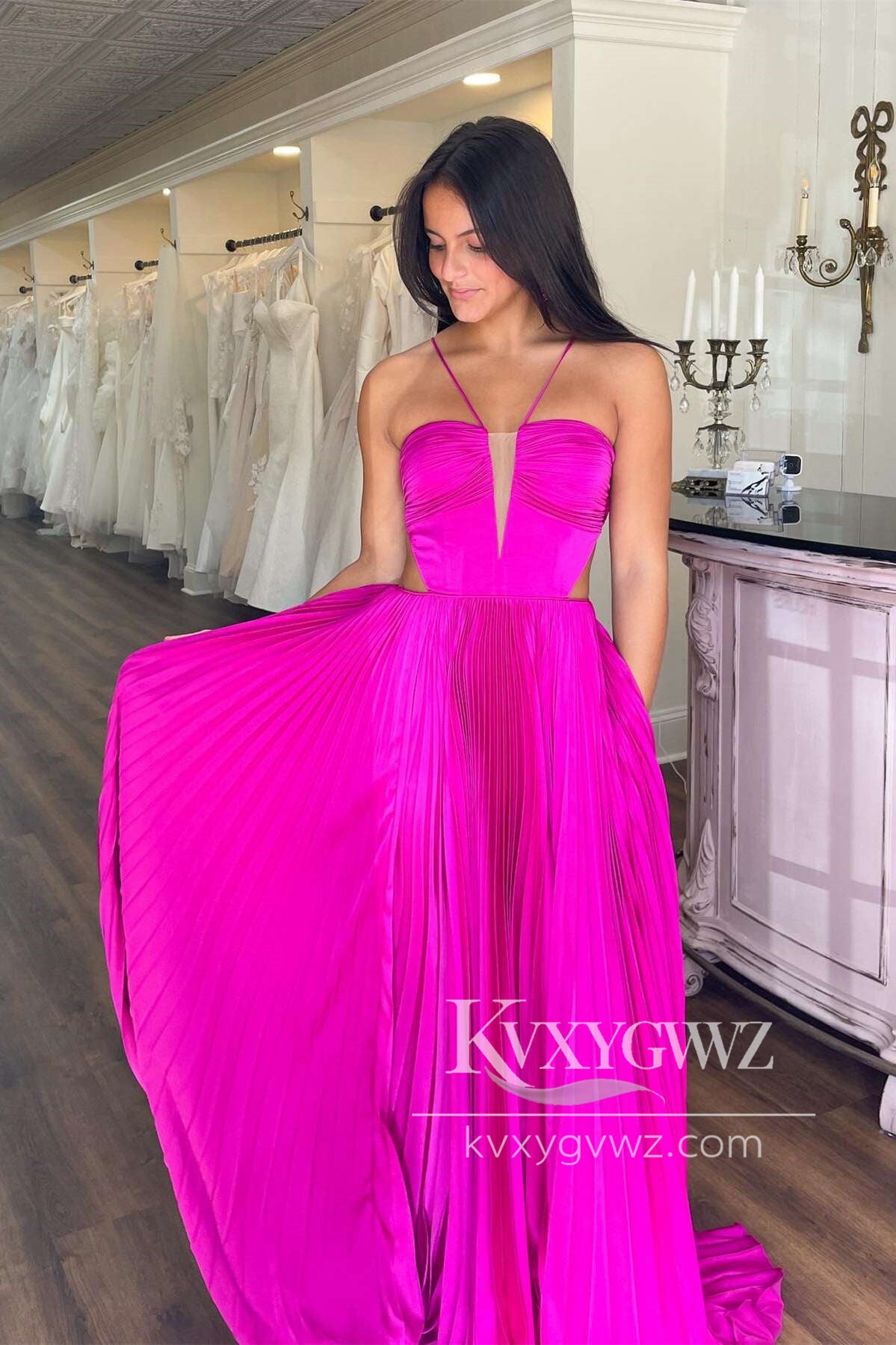 Stunning V Neck Royal Blue Evening Gown Pleated Satin Prom Dress with Bow Back LF660