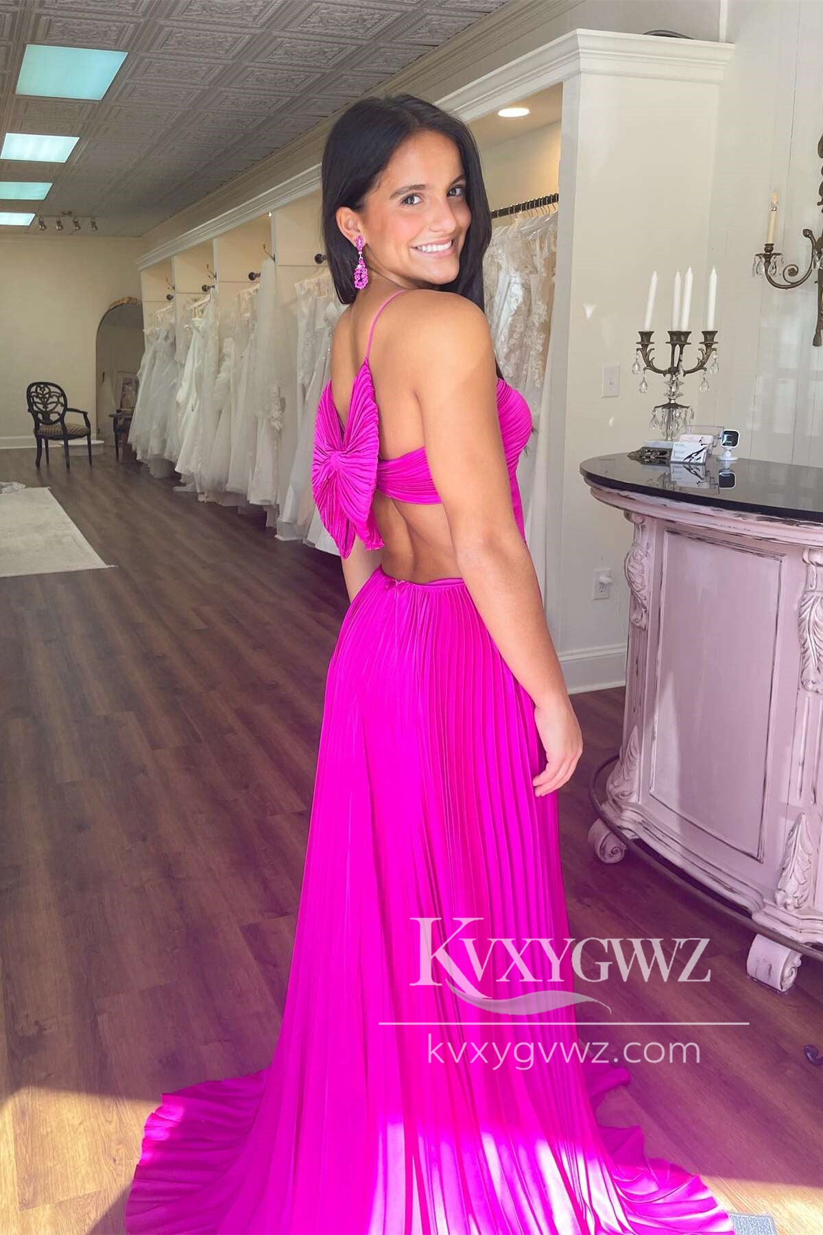 Stunning V Neck Royal Blue Evening Gown Pleated Satin Prom Dress with Bow Back LF660