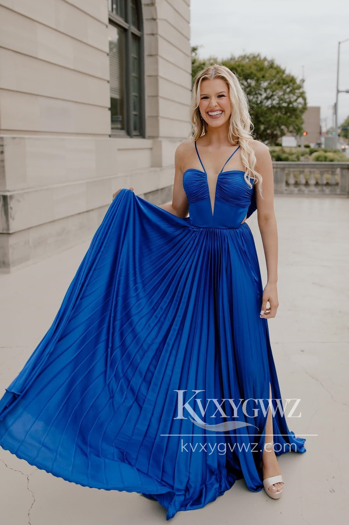 Stunning V Neck Royal Blue Evening Gown Pleated Satin Prom Dress with Bow Back LF660