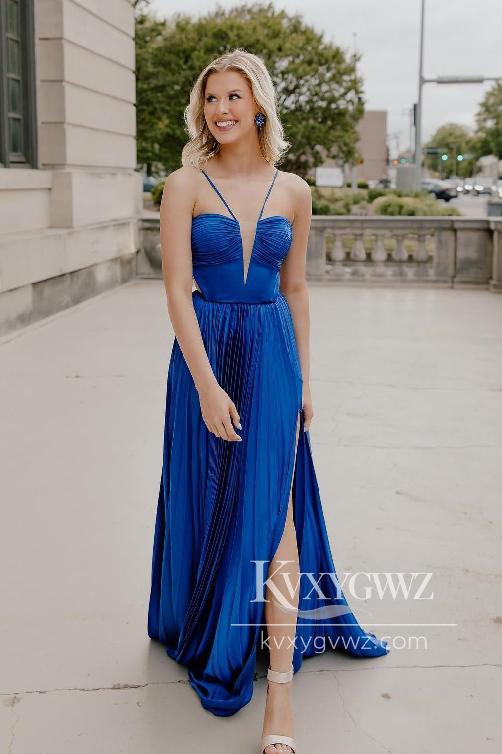 Stunning V Neck Royal Blue Evening Gown Pleated Satin Prom Dress with Bow Back LF660