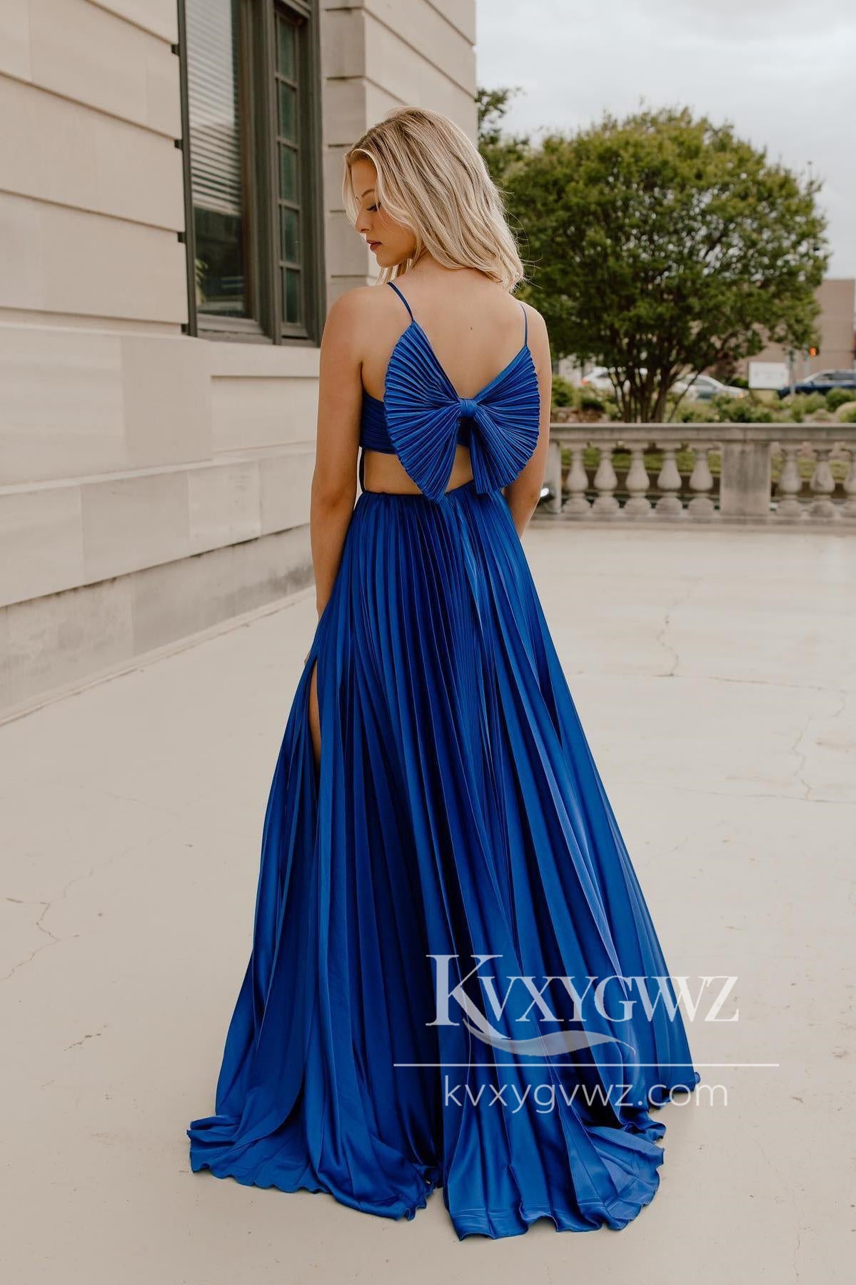 Stunning V Neck Royal Blue Evening Gown Pleated Satin Prom Dress with Bow Back LF660