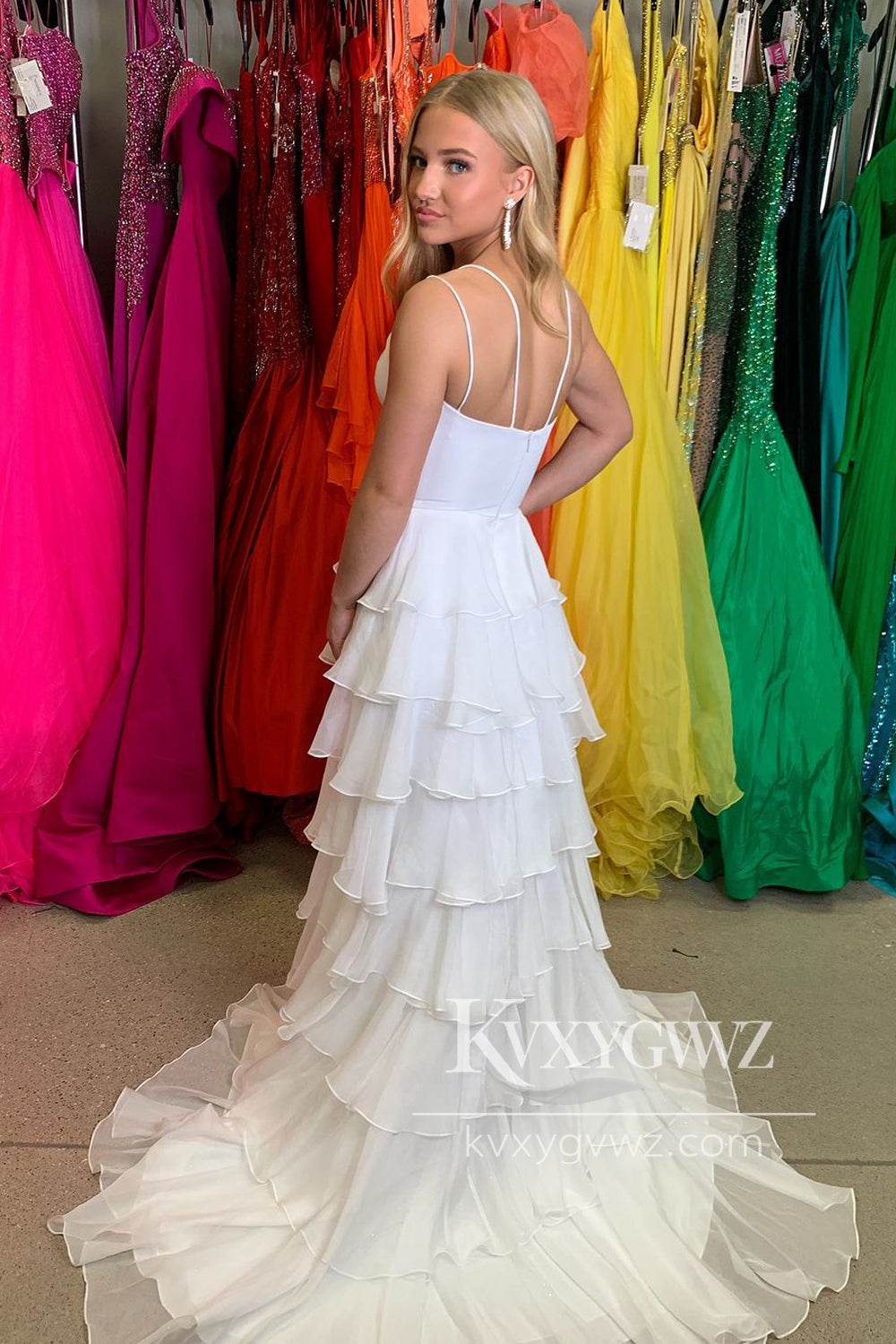 Stunning V Neck White Chiffon Spaghetti Strap Evening Gown Tiered Long Prom Dress with Slit LF663