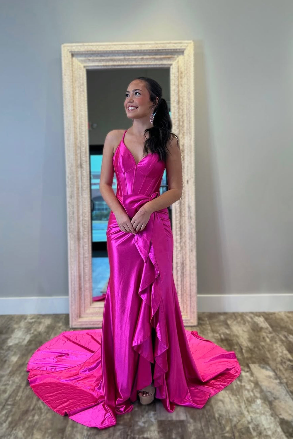 Mermaid V Neck Pink Satin Long Prom Dress Gown with Ruffle Slit LF1328