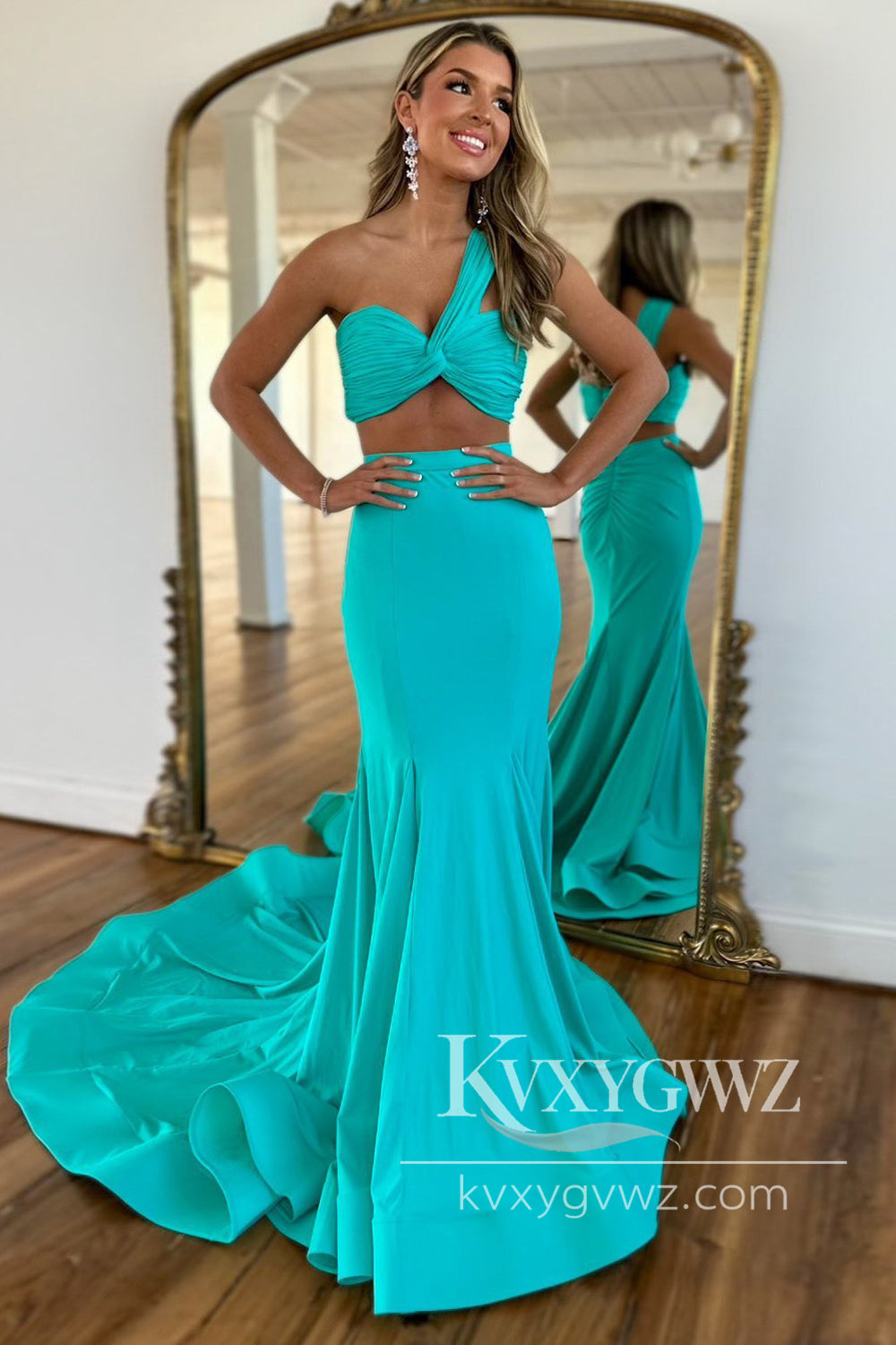 Charming Mermaid One Shoulder Evening Gown Pink Pleated Prom Dress with Slit LF667