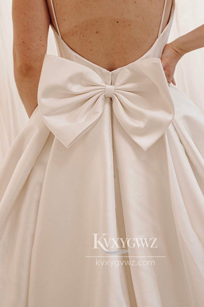 Graceful A-Line Spaghetti Strap Sweetheart White Wedding Dresses Gown with Bow Back HS669