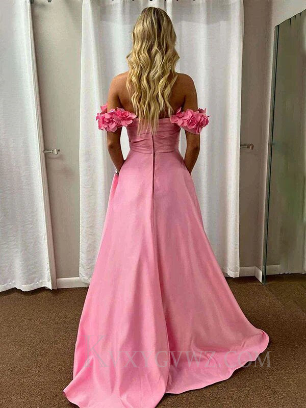 Blush Off the Shoulder A Line Satin Prom Dress LF067