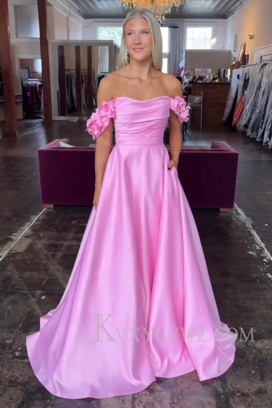 Blush Off the Shoulder A Line Satin Prom Dress LF067