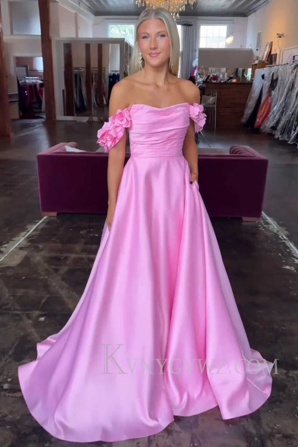 Blush Off the Shoulder A Line Satin Prom Dress LF067