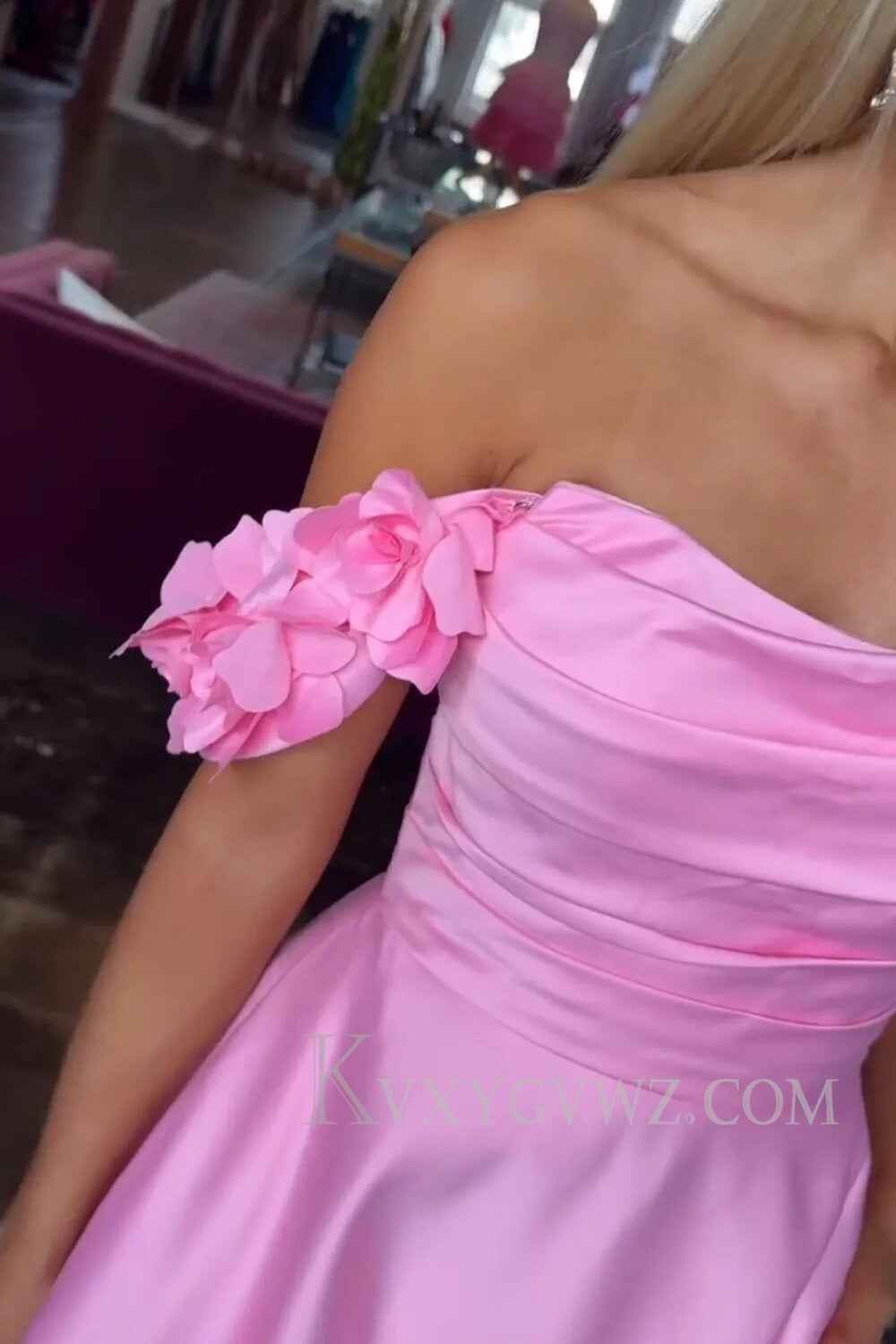 Blush Off the Shoulder A Line Satin Prom Dress LF067