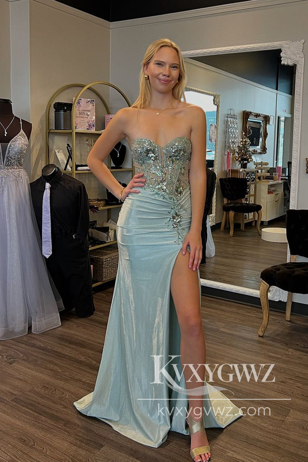 Charming Mermaid Sweetheart Evening Gown Sage Green Slit Prom Dress with Appliques LF670
