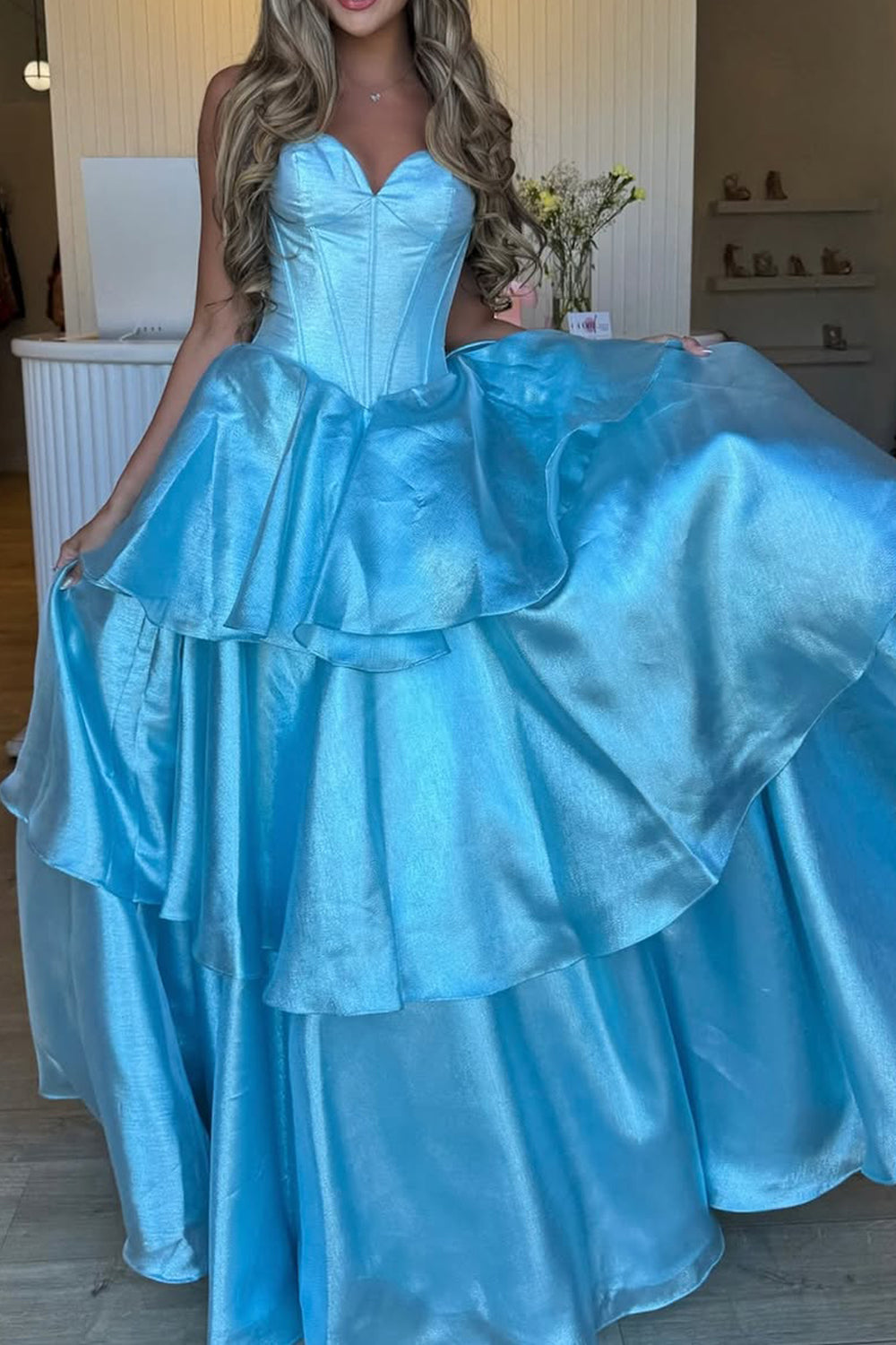 A-Line Strapless Light Blue Ruffle Tiered Long Prom Dress Gown with Bowknot LF1320