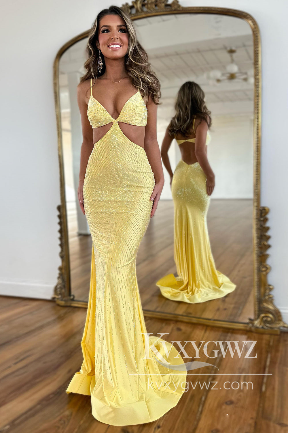 Charming Mermaid Evening Gown V Neck Yellow Satin Long Prom Dress with Beading LF675