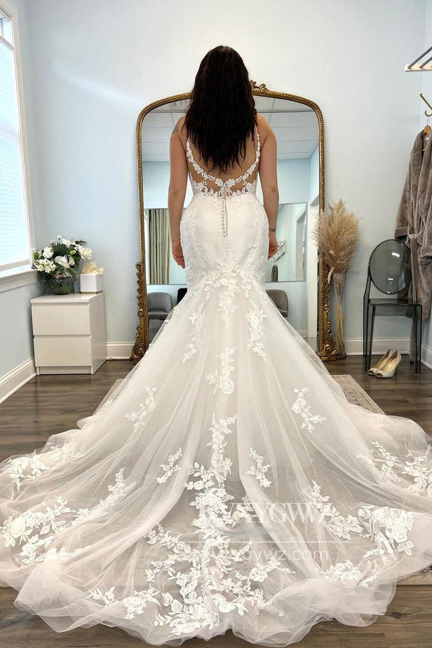 Glamorous Spaghetti Strap Mermaid V Neck Lace Wedding Dresses Gown With Appliques HS675