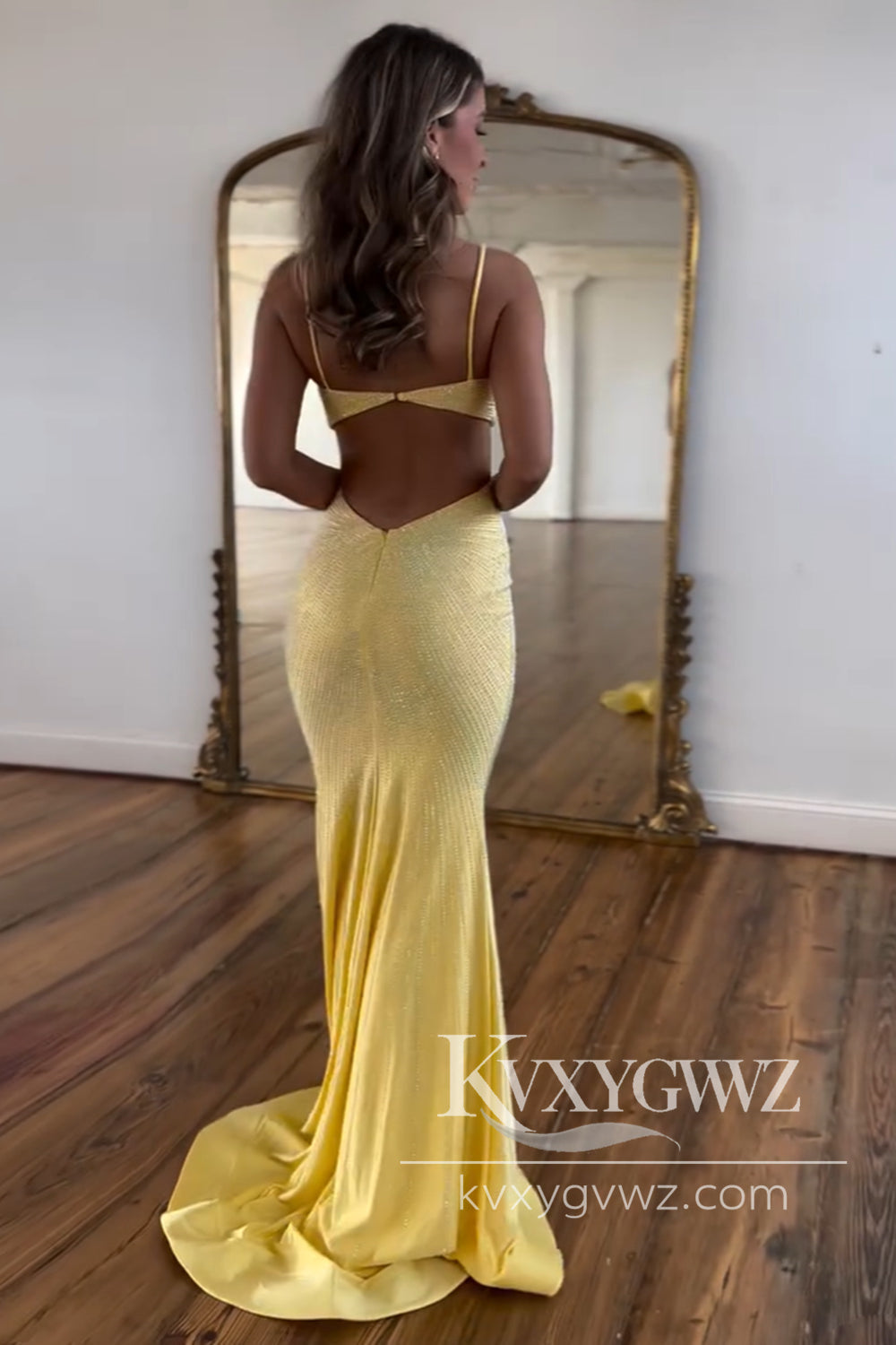 Charming Mermaid Evening Gown V Neck Yellow Satin Long Prom Dress with Beading LF675