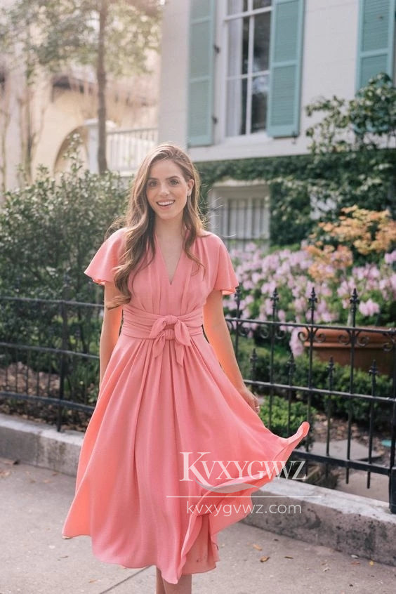 Cute A-Line V Neck Cap Sleeve Chiffon Tea Length Bridesmaid Dresses Wedding Guest Party Dresses HS678