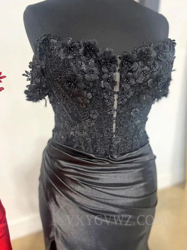 Black Corset Off the Shoulder Appliqued Long Prom Dress with Slit LF068