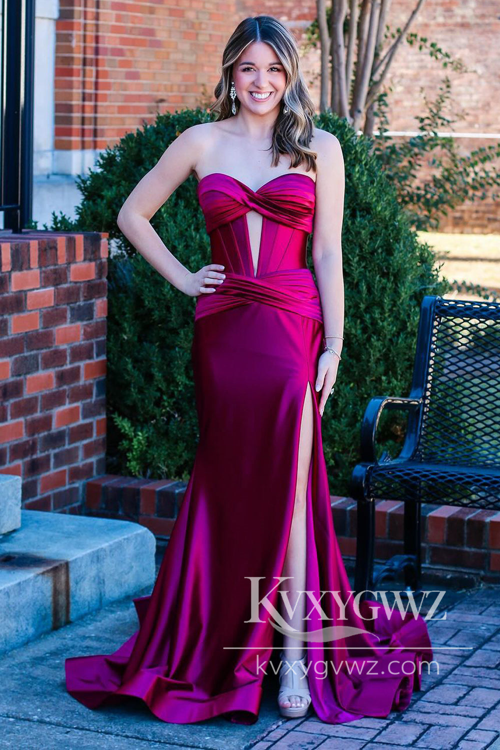 Charming Mermaid Evening Gown Sweetheart Hot Pink Satin Long Prom Dress with Slit LF680