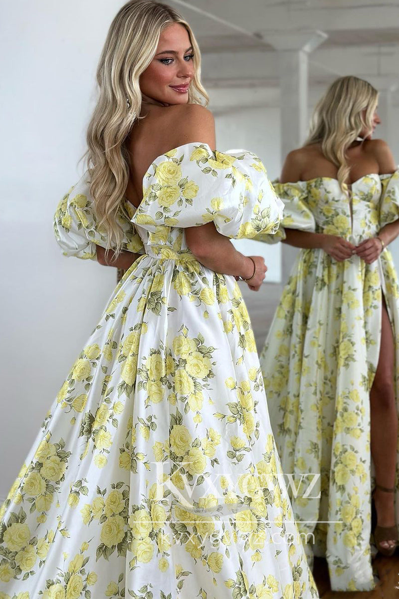 Chic A-Line Strapless Evening Gown Floral Print Satin Long Prom Dress with Sleeves LF684